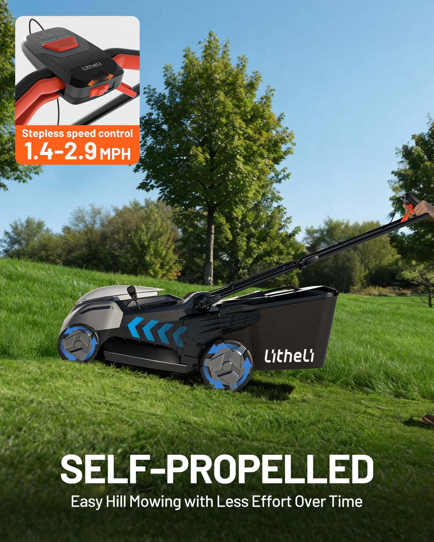 Litheli 18" Self-Propelled Lawn Mower, 40V Battery Lawn Mower(2 x 5.0Ah), Push Mower with Brushless Motor, 2-in-1 Mulching & Bagging