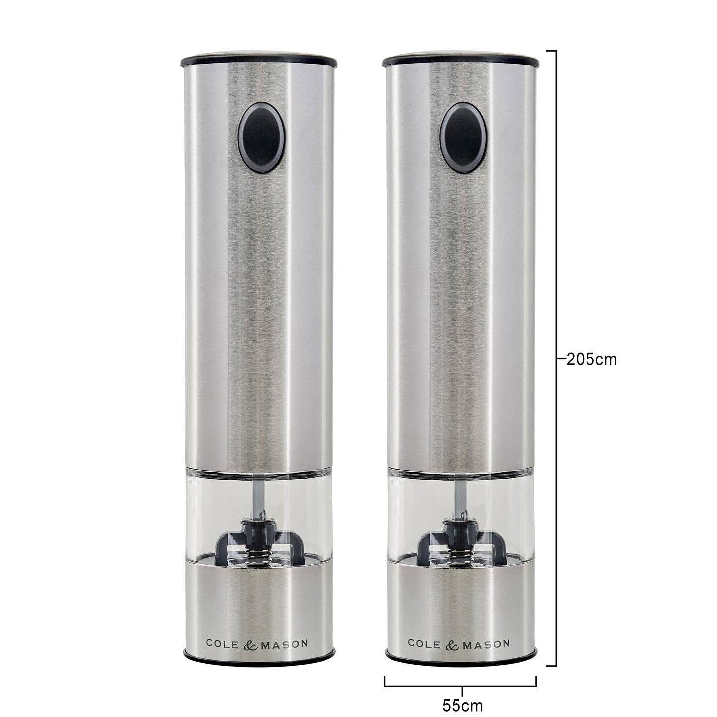 Cole & Mason H3004480 Battersea Salt and Pepper Mills | Electronic | Stainless Steel/Acrylic | 210mm | Gift Set | Includes 2 x Electric Salt and Pepper Grinders | Lifetime Mechanism Guarantee