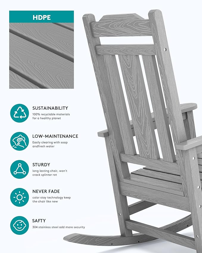SERWALL Oversized Rocking Chair Outdoor, HDPE Outdoor Rocking Chair, Space Gray