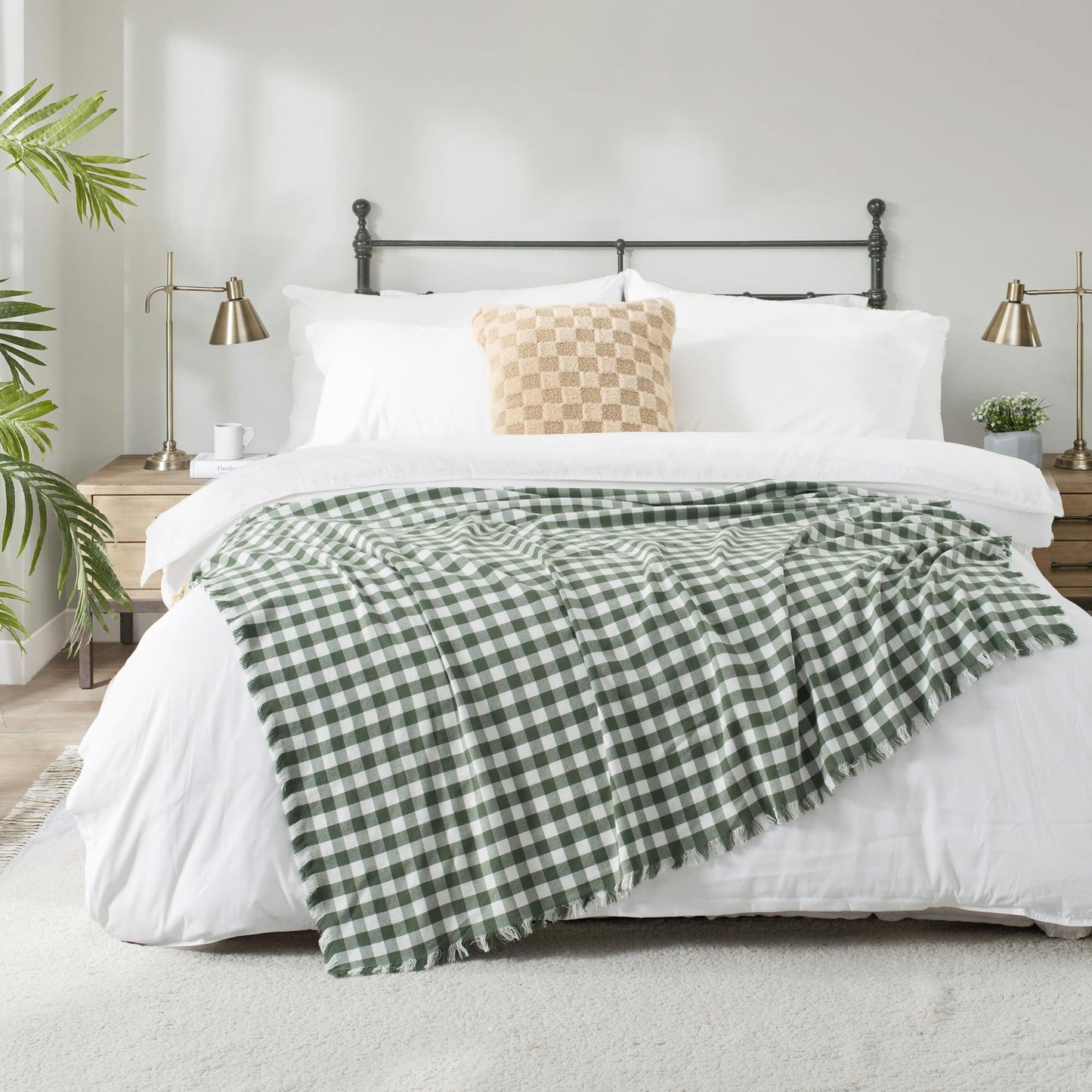 CloudDwelling 100% Cotton Throw Blanket Plaid Soft Lightweight Cozy Farmhouse Tassels Summer Thin Breathable Throws for Couch Sofa Bed (50" × 60" Green)