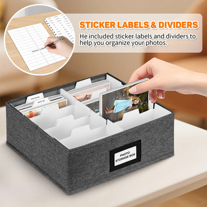 Photo Storage Box with Lid, Photo Organizer Box Fits Holds up to 1700 and 4x6 Pictures, with 8 Adjustable Dividers, 60 Labels, Photo Album Box for Envelopes, Scrapbooking, Recipes, Cards, Stamps