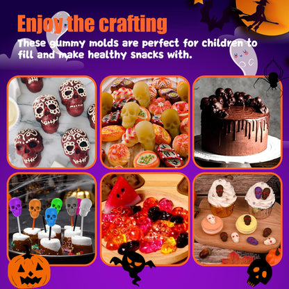 RUGVOMWM 3 Pack Halloween Gummy Skull Candy Molds Silicone,Halloween Mini Skull Mold with 2 Droppers for Chocolate, Candy,Ice Cube - Orange，Red，Black