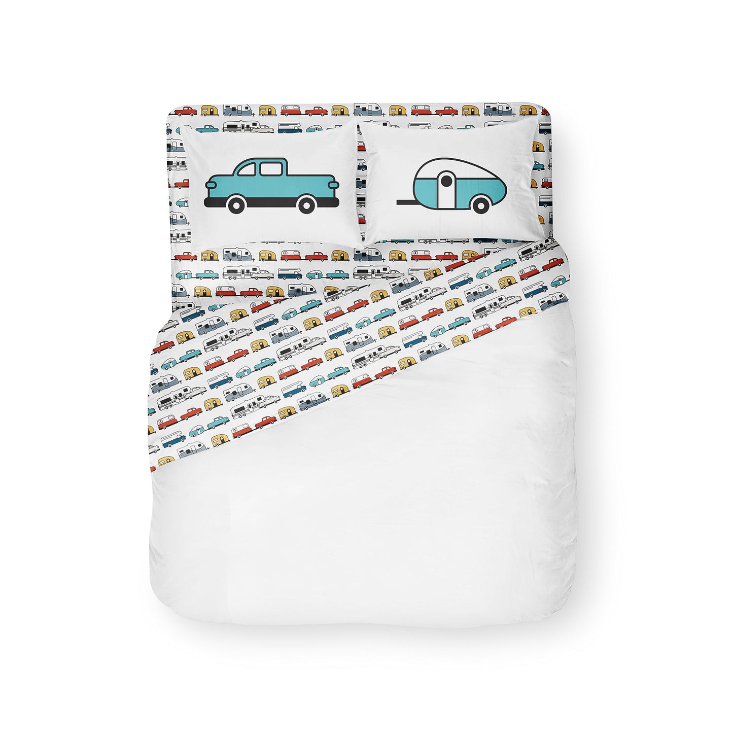 Camco Camper & RV Queen Sheet Set - Features Travel Trailer Print Design - Crafted of Soft Machine Washable Polyester - 4 Piece Set Includes Fitted Sheet, Flat Sheet, & 2 Pillowcases (53299)