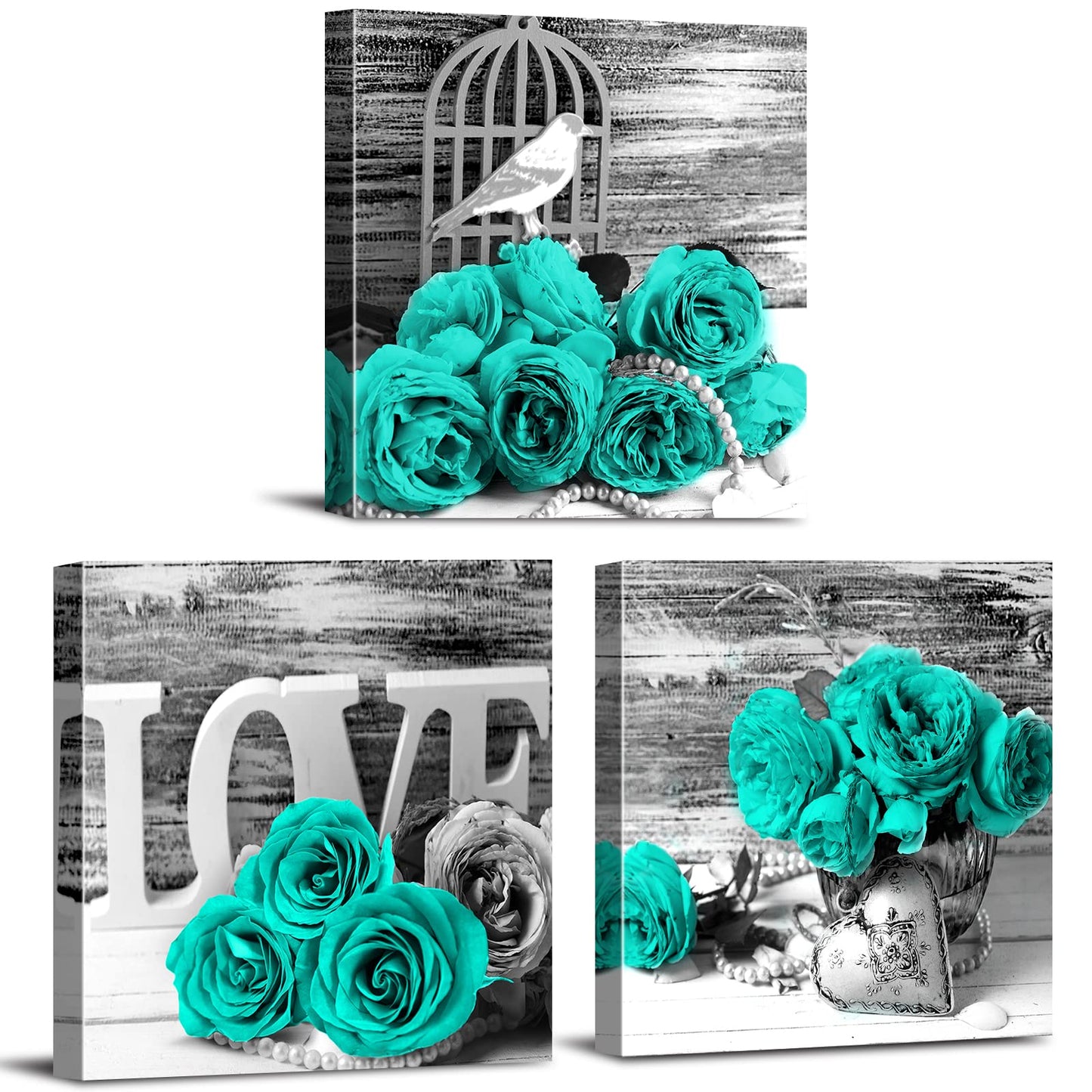 Teal Bathroom Wall Decor Turquoise Teal and Grey Rose Wall Art for Bedroom Living Room Accessories Love Sign Aqua Green Flower Pictures Floral Poster Canvas Artwork Kitchen Home Decoration 12x12" 3