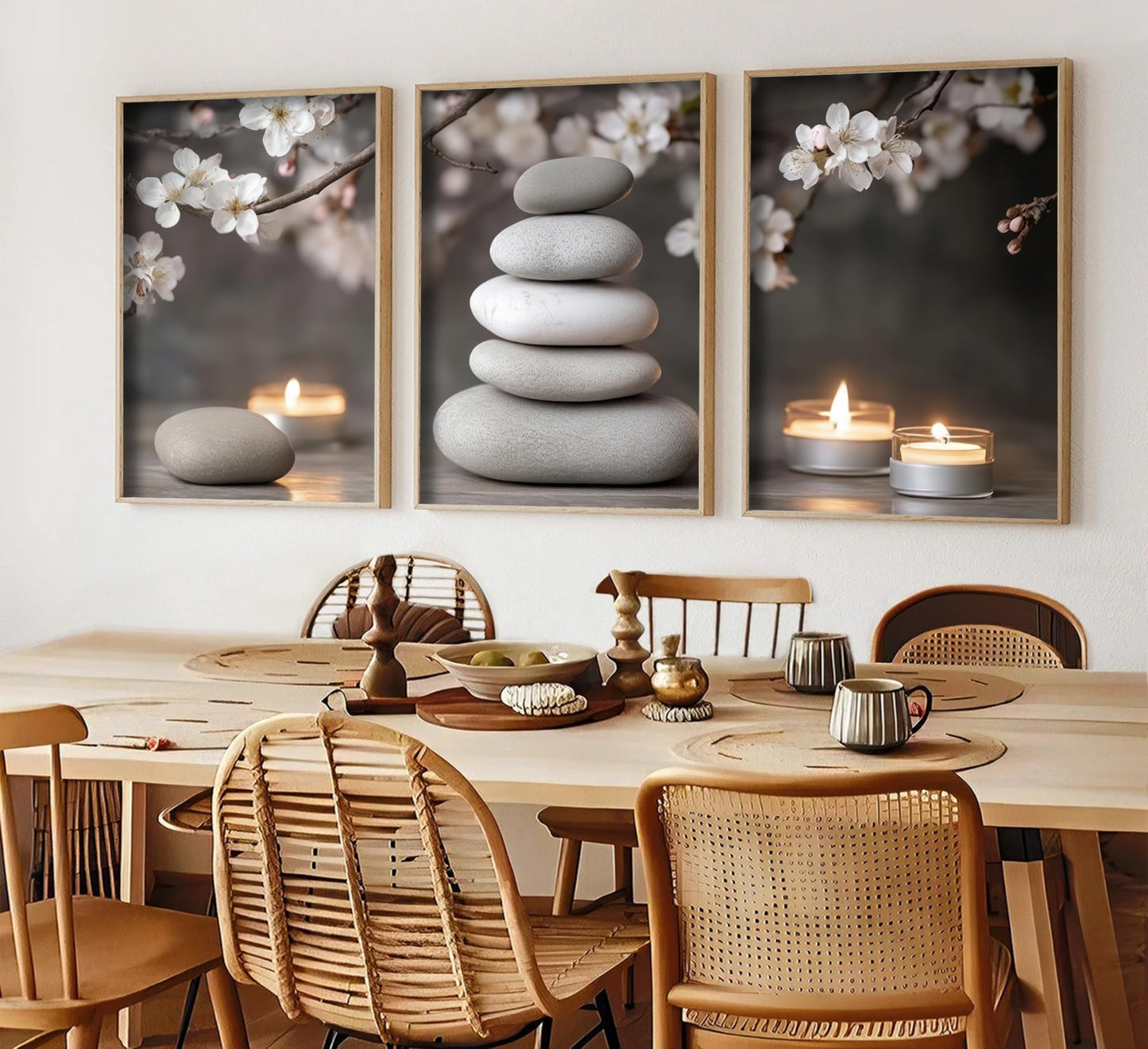 ZHJIOFXG 3 Piece Zen Canvas Wall Art Stacked Stones Cherry Blossom Candle Spa Wall Decor Calming Minimalist Neutral Poster Print Art for Bathroom Bedroom Yoga Room Office Living Room 16x24in Unframed