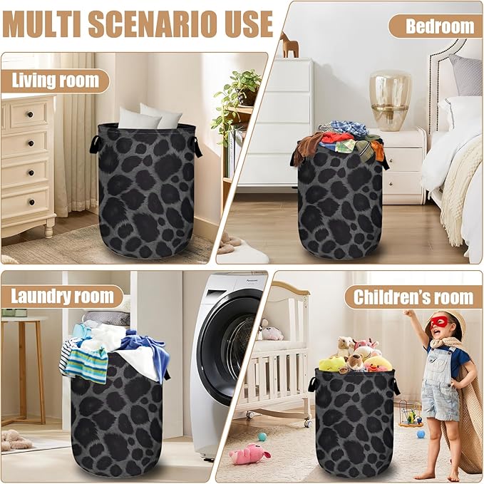 Grey Black Leopard Print Laundry Basket, Foldable Animal Leopard Laundry Hamper