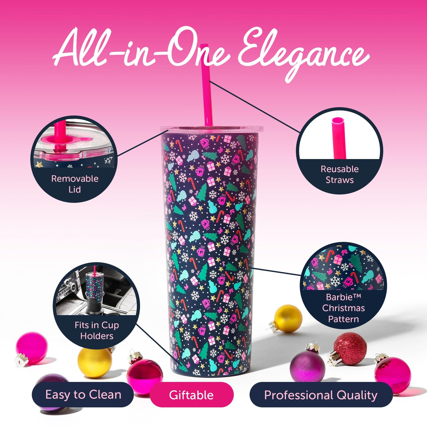 Dragon Glassware x Barbie 24 oz Insulated Stainless Steel Tumbler with Lid and 2 Straws - Festive Holiday Travel Coffee Tumbler Cup to Keep Drinks Hot or Cold, Fits Cup Holders - Christmas Theme