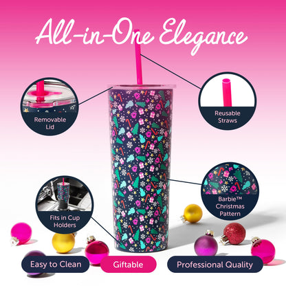 Dragon Glassware x Barbie 24 oz Insulated Stainless Steel Tumbler with Lid and 2 Straws - Festive Holiday Travel Coffee Tumbler Cup to Keep Drinks Hot or Cold, Fits Cup Holders - Christmas Theme