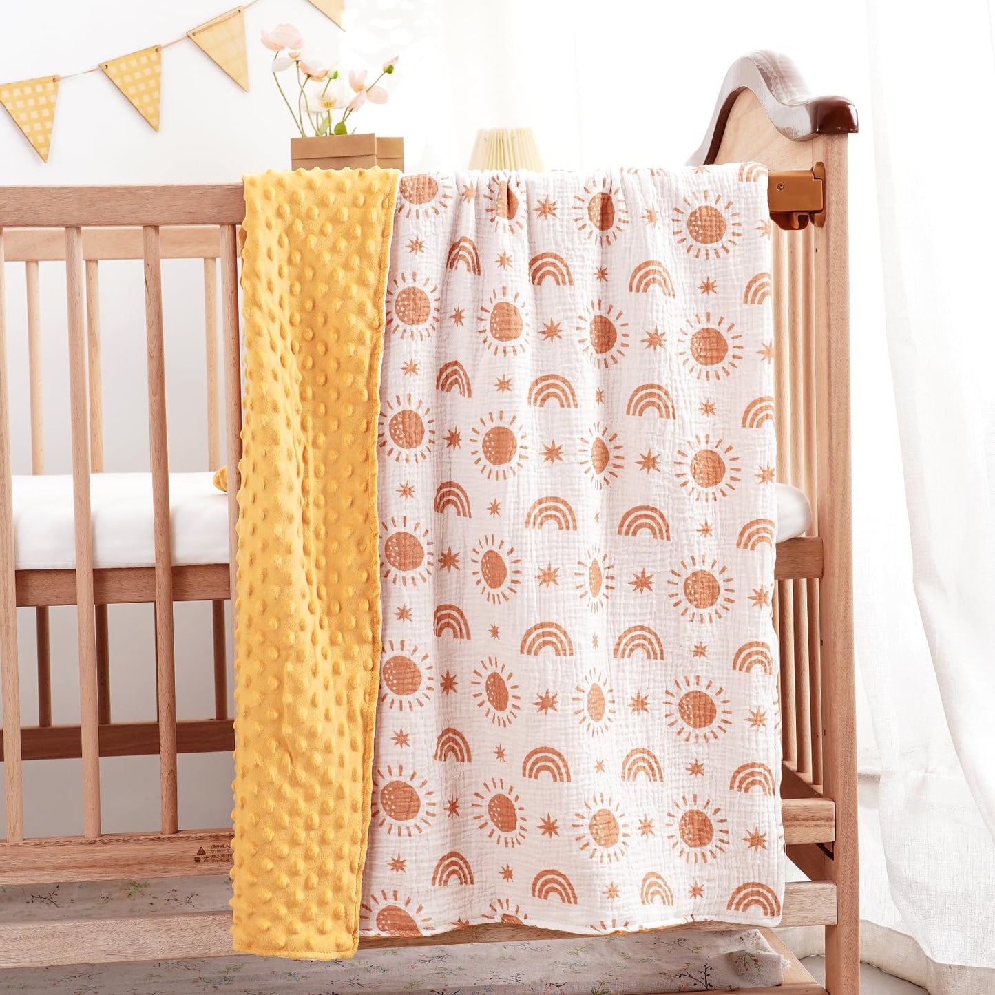 CoolaPeach 2 Pack Minky Baby Blankets,Super Soft Receiving Blankets with Muslin Cotton Front & Dotted Fleece Backing,39x29.5 Inches,Printed Bed Throws Newborn(Sun)