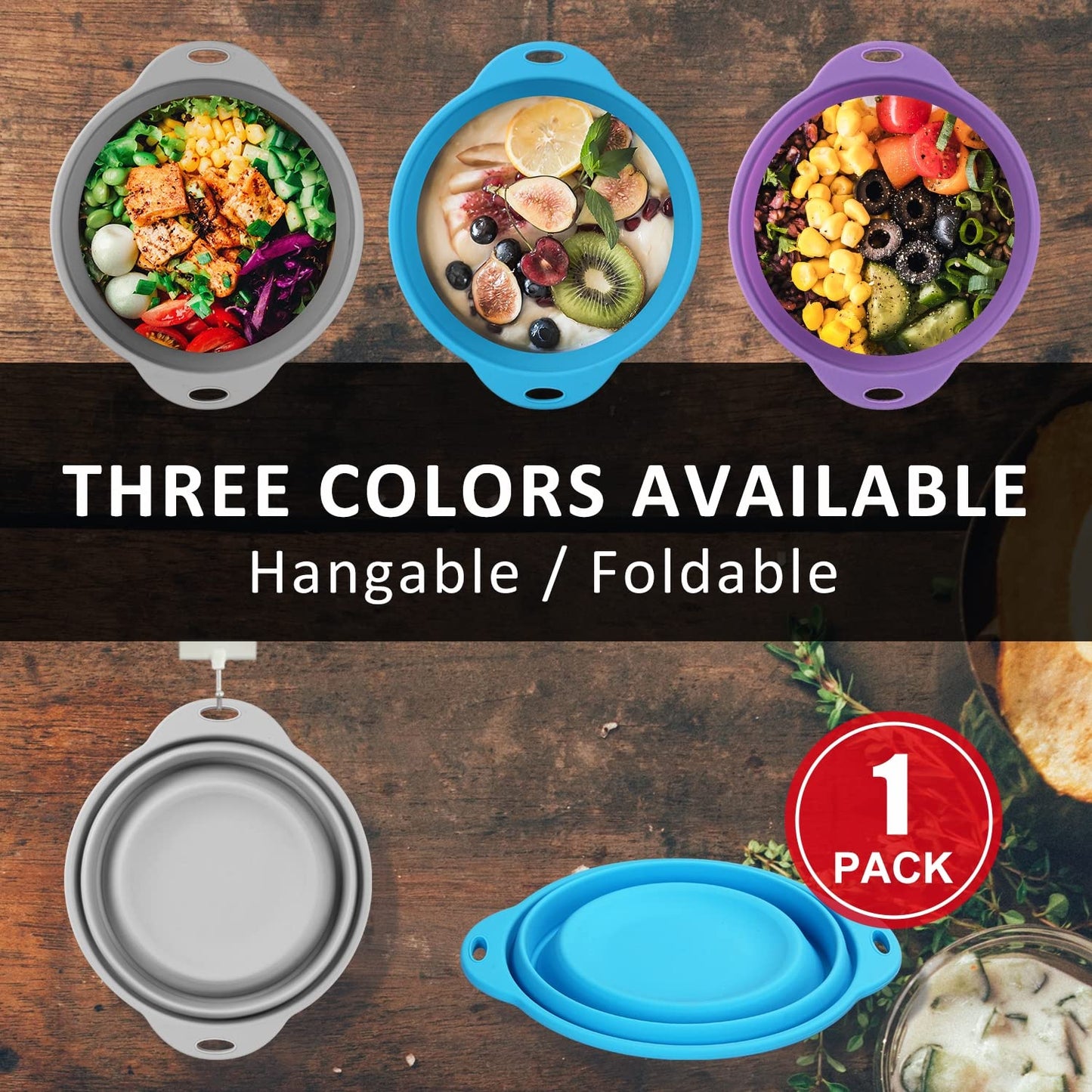 Collapsible Silicone Salad Bowl 61oz Camping Bowl Outdoor Hiking Travel Durable Bowl for Storage and Mixing Food-Grade Silicone Food Storage Container 1 Pack (Grey)