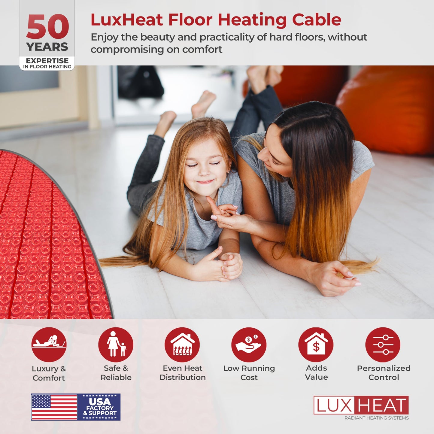 LuxHeat 90sqft Electric Radiant Floor Heating System - 120v Heating Floor System for Tile Includes UWG4 WiFi Programmable Thermostat w/GFCI, Uncoupling Membrane, Cable, Monitor & Sensor