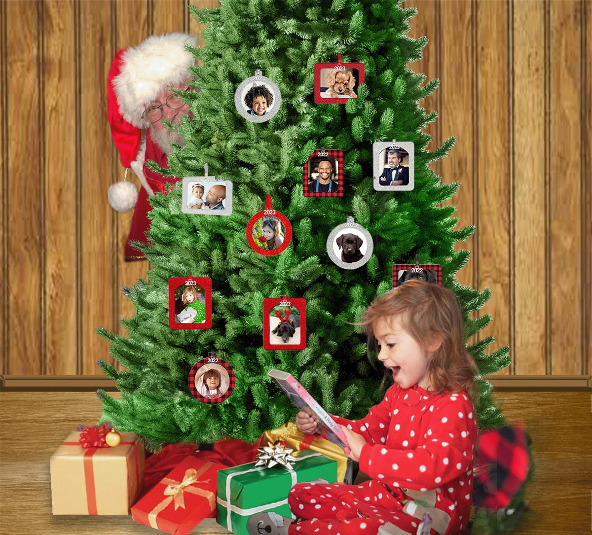 2024 Photo Ornaments for Christmas Tree, Sparkly Glitter Christmas Frame Ornament, Easy-Load Magnetic Design, Includes Satin Ribbon with Silver Charm Plus Photo Protector, Round, Blue