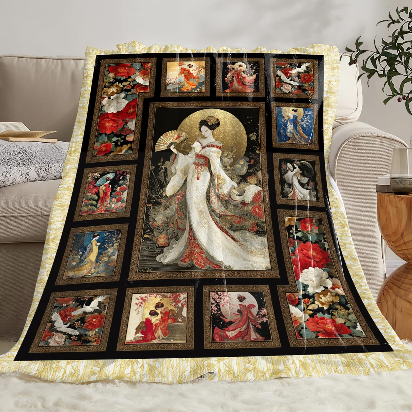 Japanese Gifts for Women, Japan Geisha Girls Flannel Throw Blanket, Cozy Fleece Soft Stuff Blankets Gift for Girls Couch Sofa Bed 50" x 40"