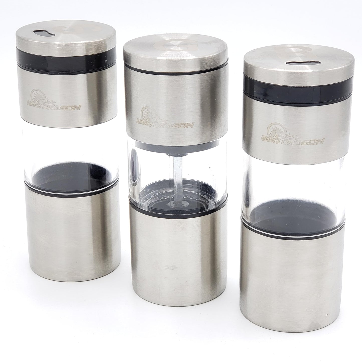 BBQ Dragon 3 Piece Salt and Pepper Shakers Set – Magnetic Stainless Steel Dispensers with Refillable Grinder – Adjustable Lids for Kitchen, Grill and Outdoor Cooking