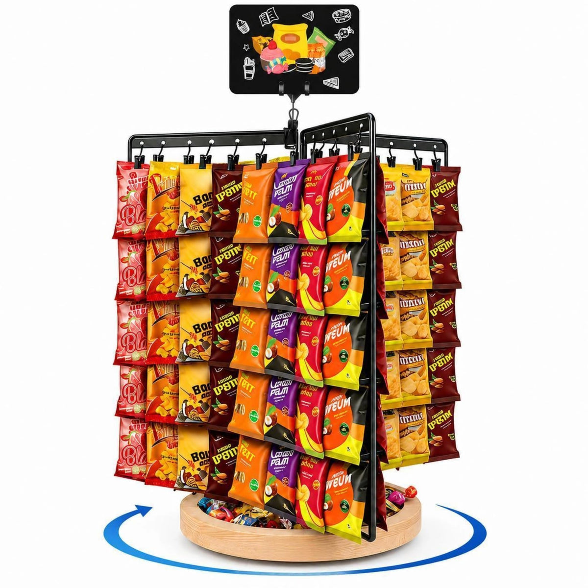 Chip Rack Display Stand, 360° Rotating 6-Sided Chip Holder Display for Countertop with 75 Adjustable Clips, Wooden Base Tray, DIY Message Board & Pen, Snack Display Rack for Concession Stand, Retail, Office, Parties