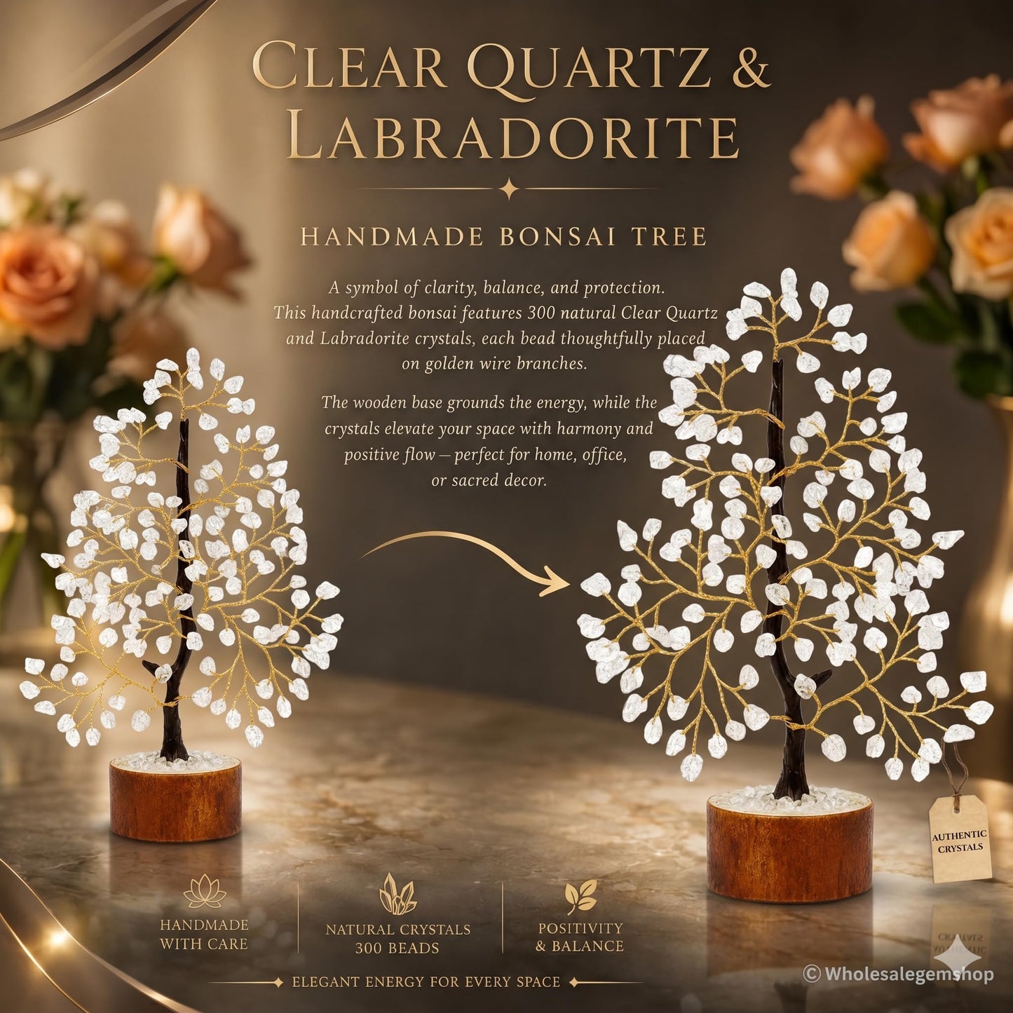 Gemscite Clear Quartz Gemstone Tree 10-12" Handmade Feng Shui Figurine Money Bonsai Good Luck Reiki Healing Crystals with Golden Wire Balancing Decoration for Table Room Decor Gift