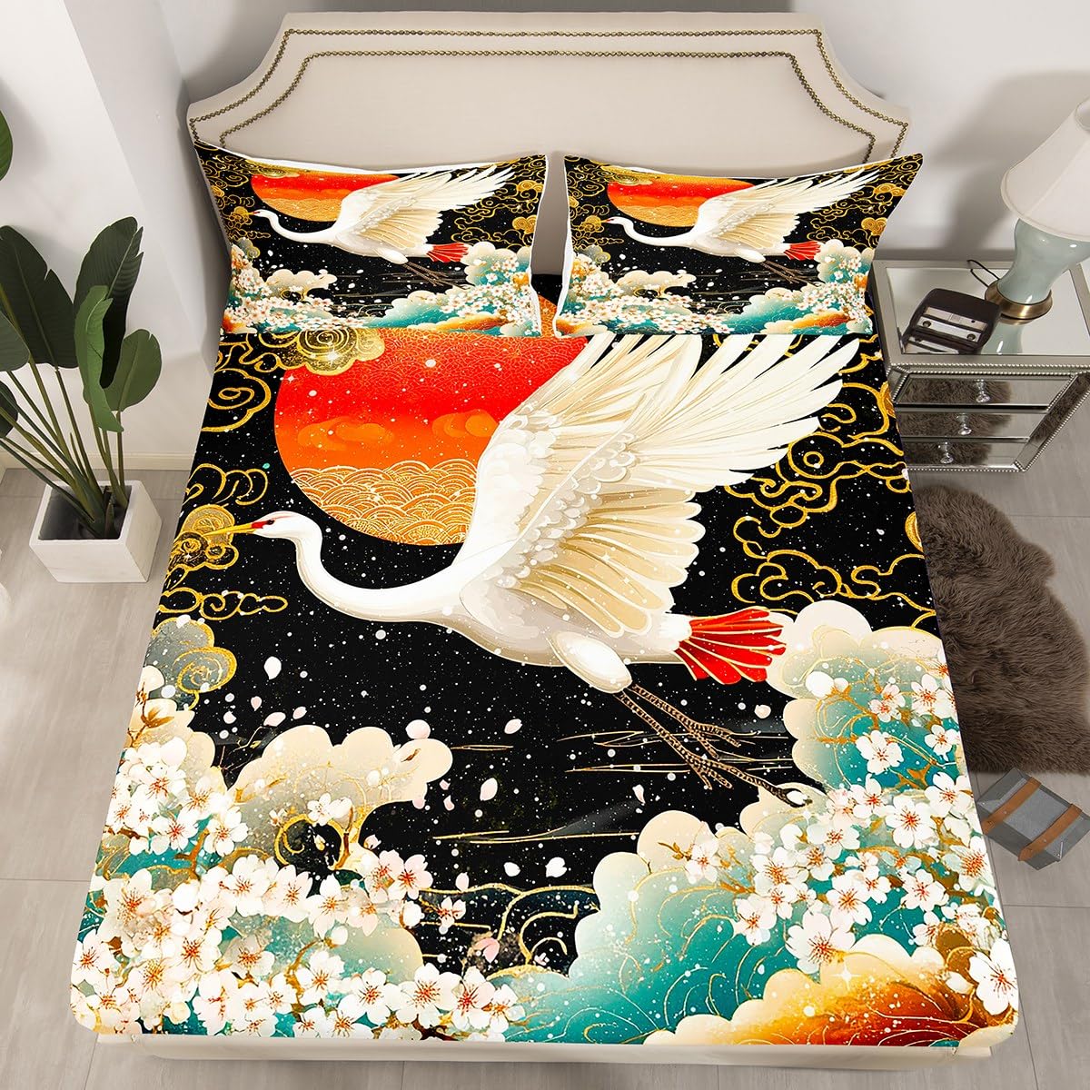 Feelyou Japanese Style Bed Sheets Set Japanese Ukiyoe Sheet Set for Kids Boys Girls Teens Sunset Room Decor Crane Sheets with Deep Pocket Fitted Sheet Queen Size Cherry Blossoms Bedding Set 4Pcs