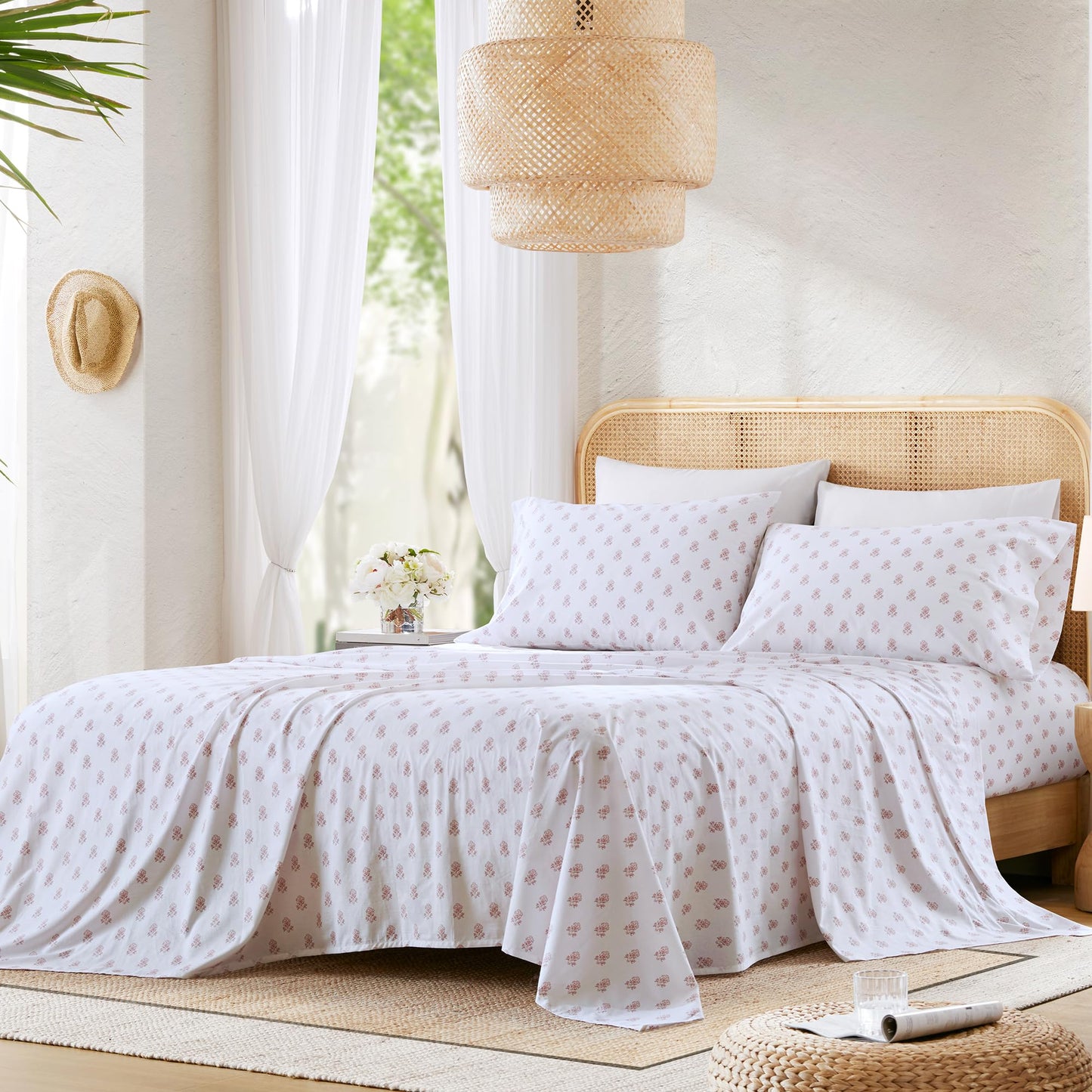 Comfort Spaces 100% Cotton Sheets King, Breathable, Naturally Cool Cotton Sheets, Soft Cotton Bed Sheets with 14" Elastic Pocket Fits up to 16" Mattress, All Seasons Sheet Set, Floral Pink 4 Piece