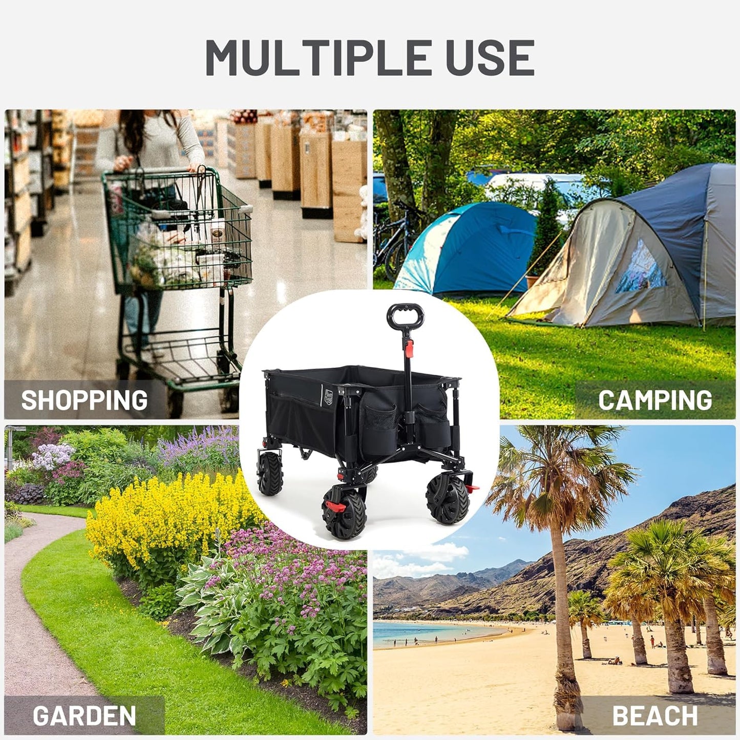 TIMBER RIDGE Festival Trolley on Wheels with Brakes, 200L Folding Camping Beach Trolley with Adjustable Handle & Cover Bag, 100kg Heavy Duty Cart Wagon for Outdoor Garden Picnic