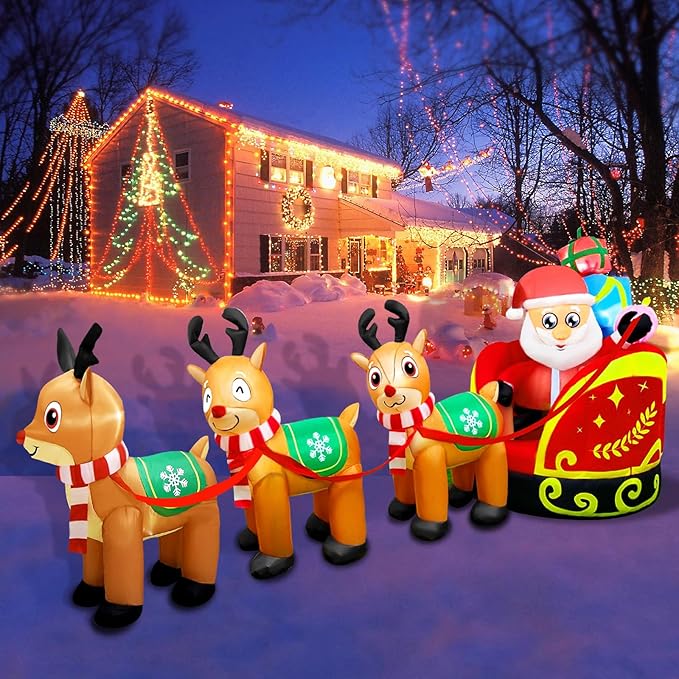 Giant Inflatable Outdoor Decoration Santa Claus on Sleigh with 3 Reindeer, Built-in LED Light, Christmas Decorations for Lawn Party Holiday
