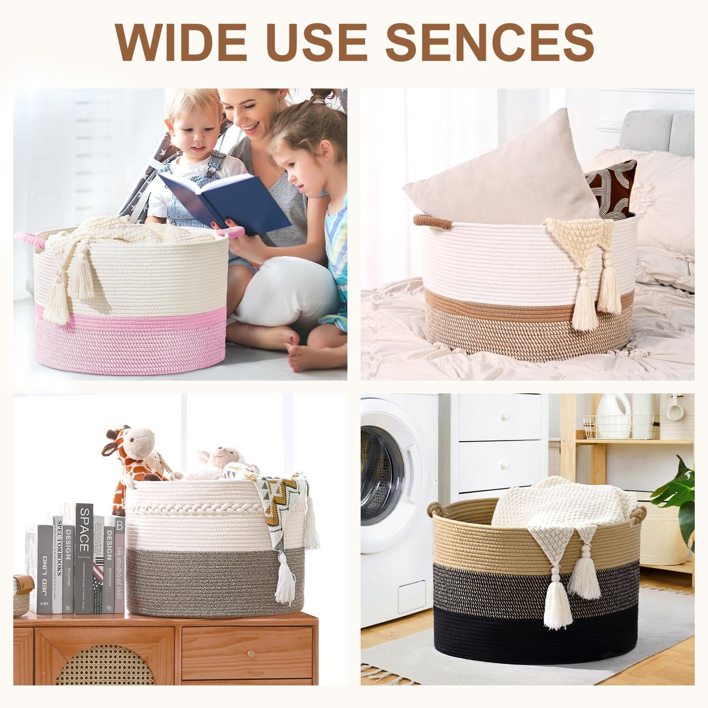 Degeyoyo 67L Large Blanket Basket, 20"x13" Woven Storage Baskets With Handle, Cotton Rope Blanket Basket Living Room, Baby Laundry hamper for Blanket, Nursery, Toy, Pillow (White)