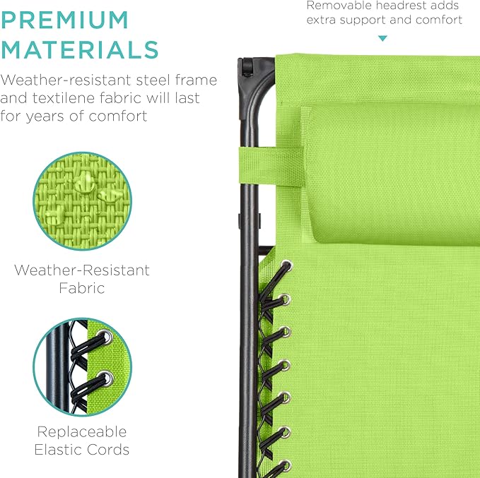 Best Choice Products Folding Zero Gravity Outdoor Recliner Patio Lounge Chair w/Adjustable Canopy Shade, Headrest, Side Accessory Tray, Textilene Mesh - Lime Green