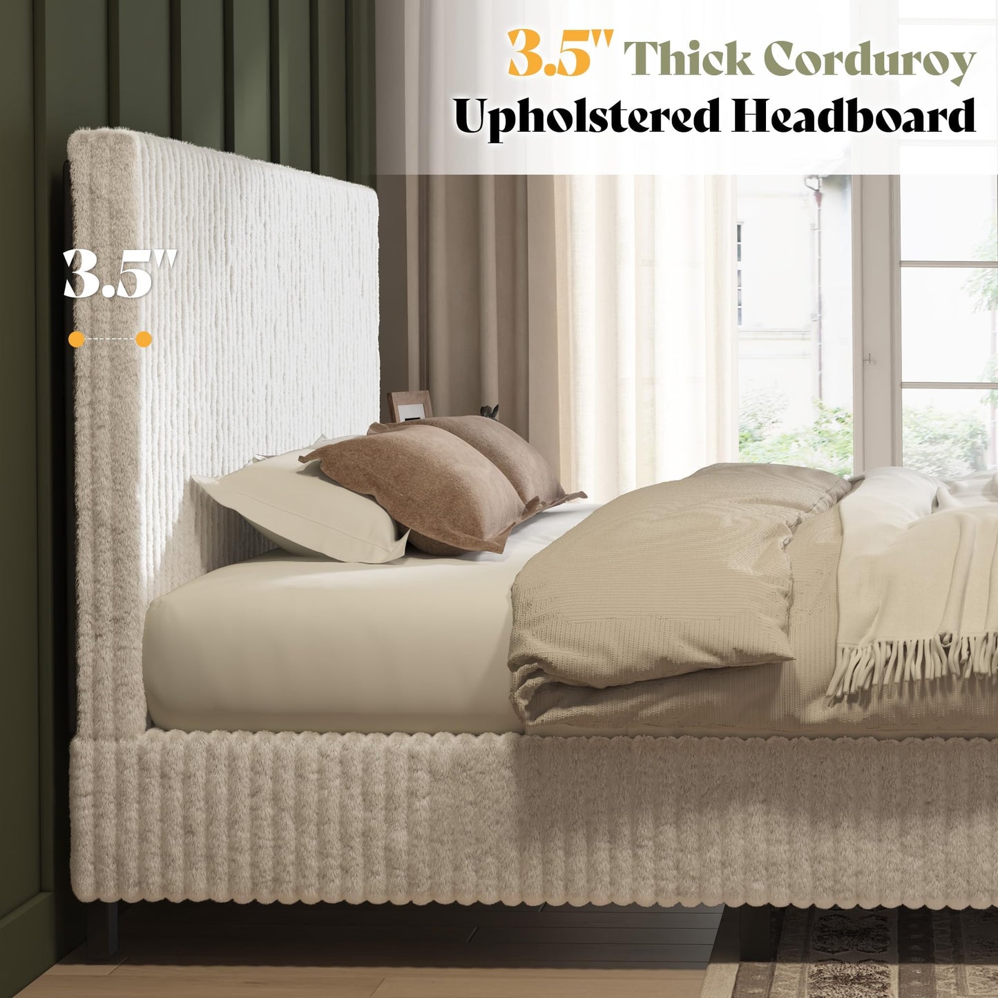 AMERLIFE Queen Bed Frame, Upholstered Metal Platform Bed with Vertical Channel Tufted Headboard, Soft Fabric & Strong Metal Slats, Noise-Free/Easy Assembly, White Queen Upholstered Bed and Headboard