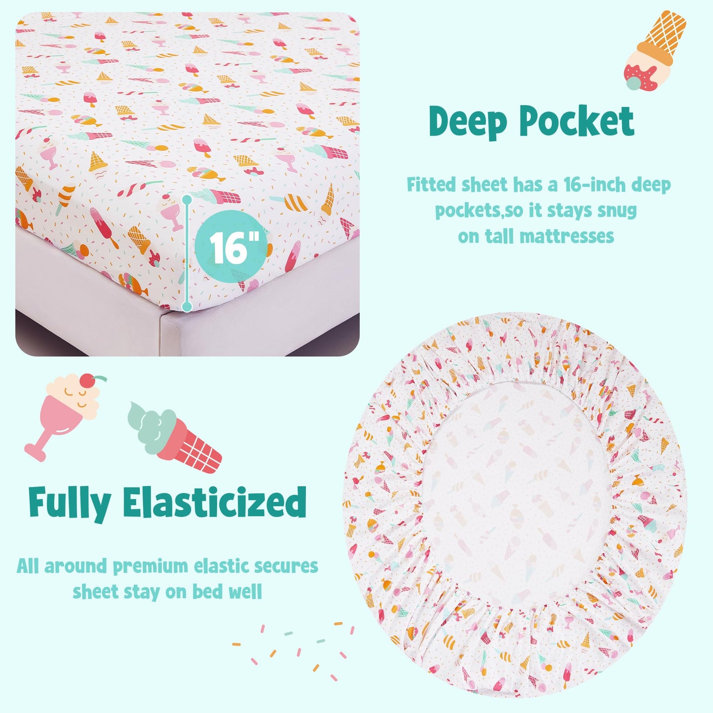 CozySmile Twin Sheet Set Kids,3 Pieces Breathable Soft Microfiber Bedsheets for Child Girls, Oeko-TEX, Anti Pilling Deep Pockets Easy Care Bed Sheets, Ice crea