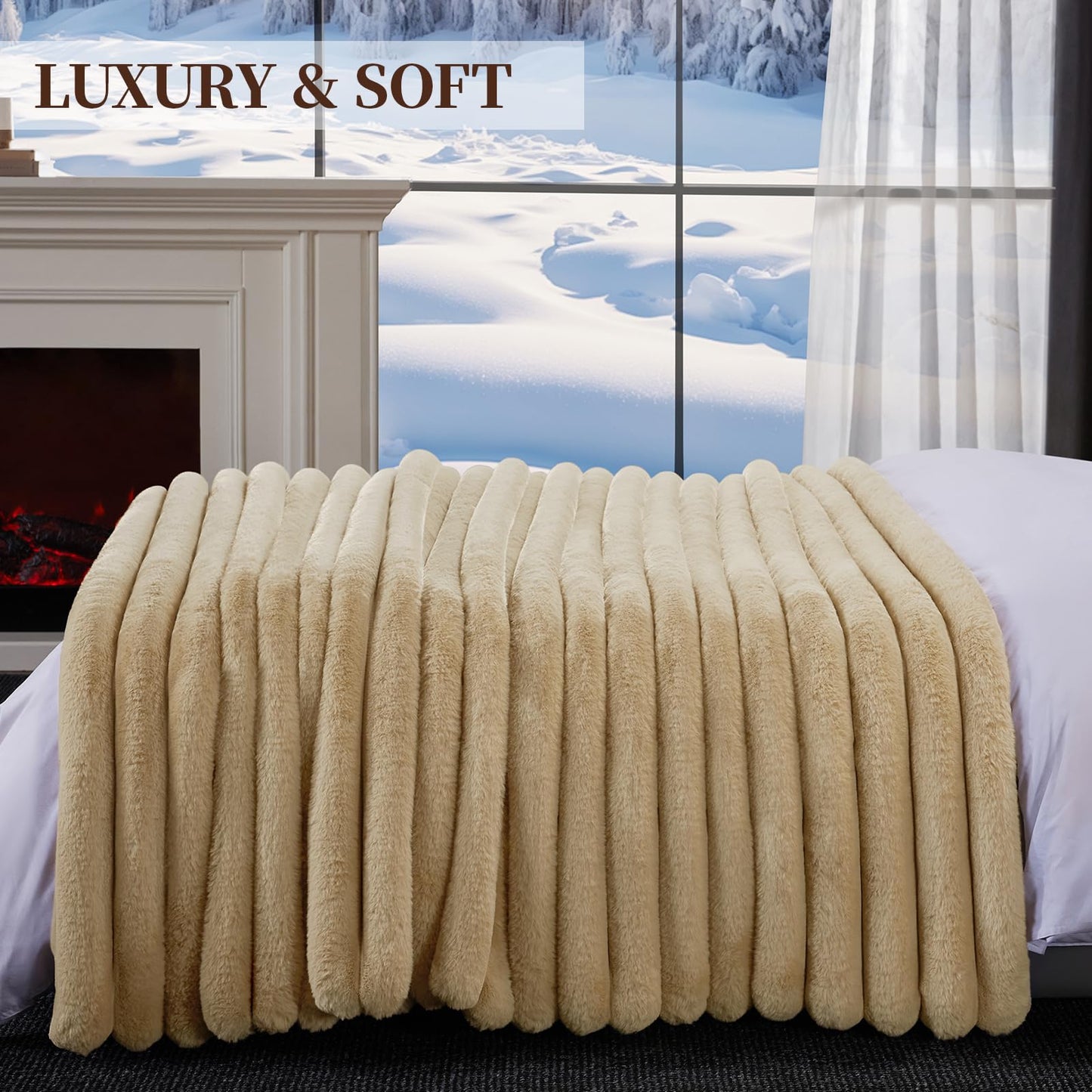 HaloRest Faux Fur Throw Blanket, Thick 1000GSM Fluffy Cozy Throw Blankets for Bed, Luxury Plush Striped Warm Soft Blanket for Couch LivingRoom Home Decor & Gifts(50"x 70", Beige)