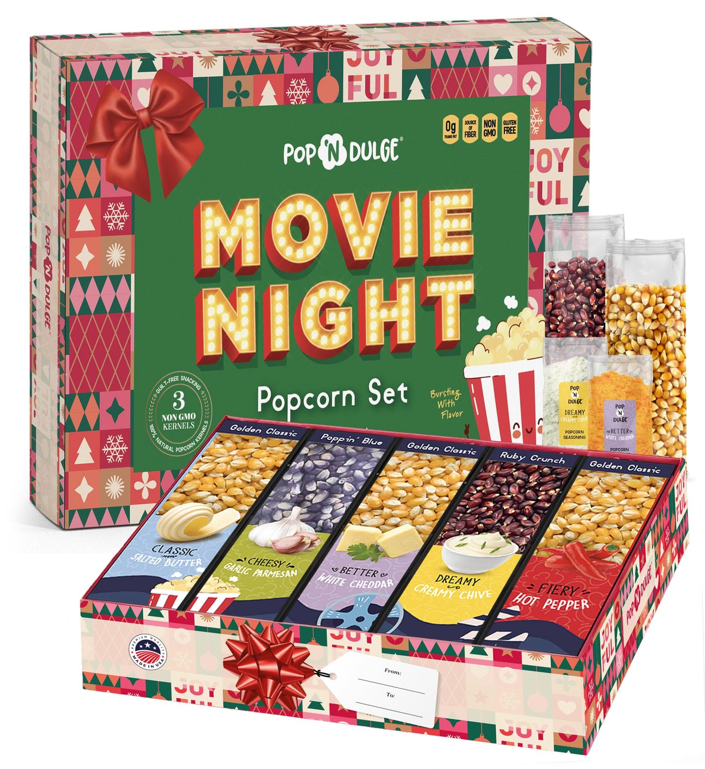 Movie Night Christmas Gifts - Holiday Popcorn Gift Baskets Gift Sets - 5 Non-GMO Gourmet Kernels and 5 Popcorn Flavoring - Perfect Family Gifts ideas for Adults, Couples, Parties, Holidays, or Movie Lovers - 10 Pack