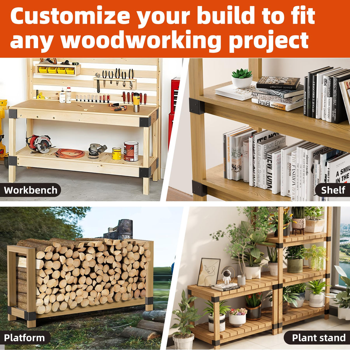 Workbench Bracket Kits - Workbench and Shelving Hardware Kit - Heavy Duty Steel Workbench Corner Bracket - DIY Workbench Kit - 8 Pcs & 80 Screws - Fits 2x4 Wood (Actual 1.5"x3.5")