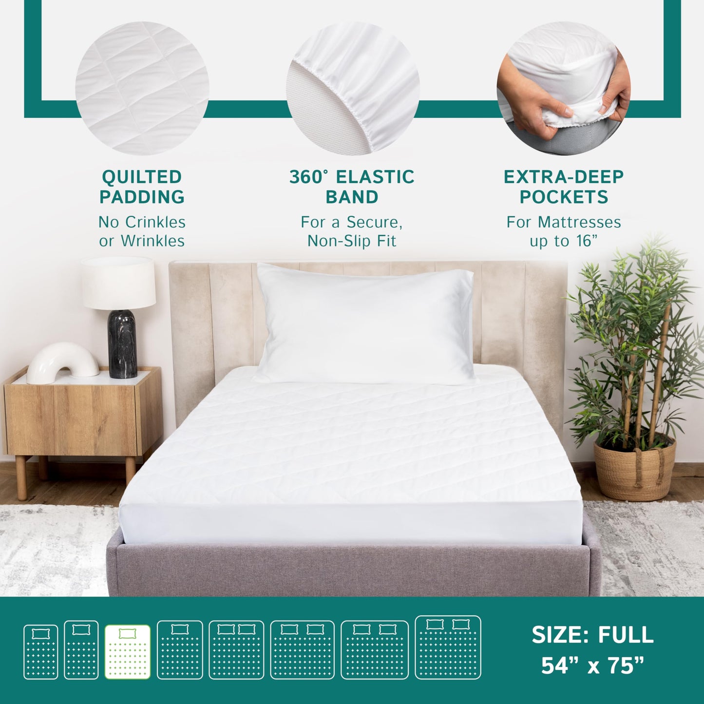 Full Size Quilted Mattress Pad - Fitted Waterproof Mattress Protector, Pillow Top Mattress Topper, Premium Quality Hypoallergenic Mattress Cover