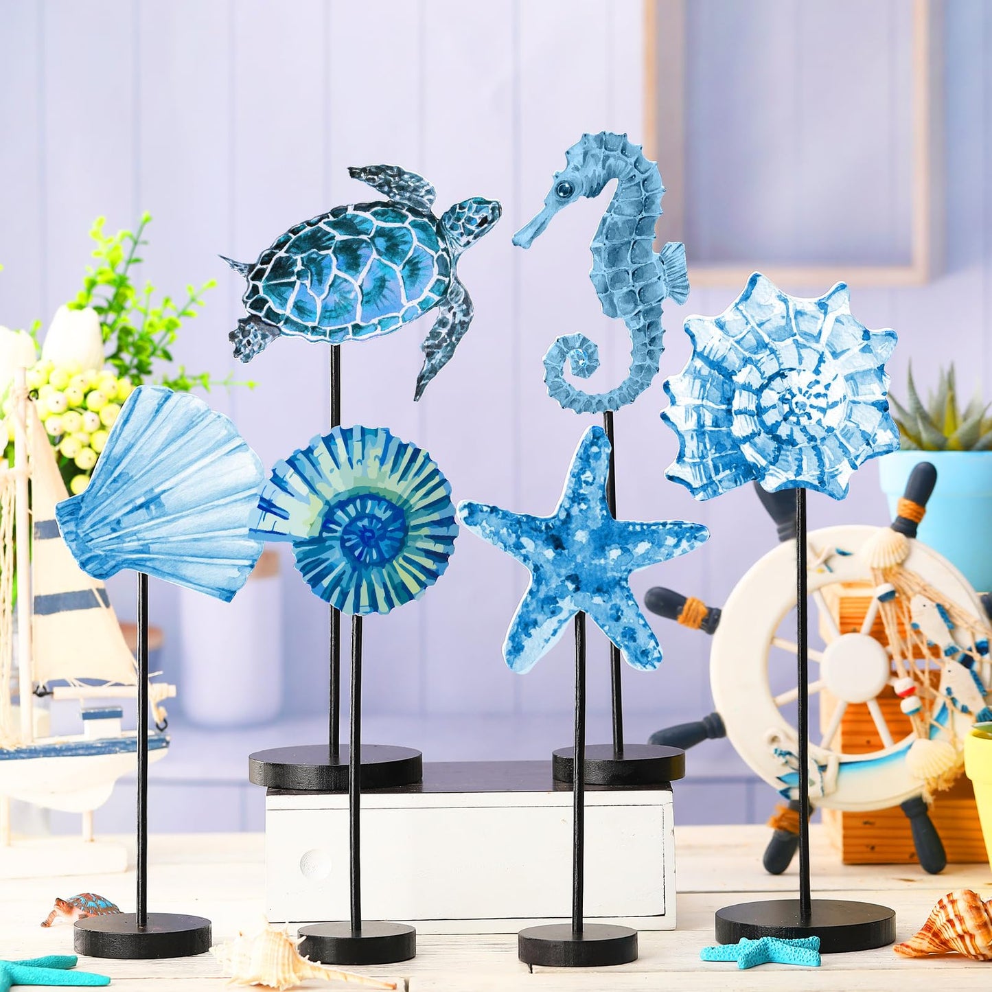 Wenqik 6 Pcs Summer Ocean Wood Table Sign Standing Wooden Starfish Sea Turtle Seashell Shell Tabletop Home Decor Rustic Wooden Tabletop Centerpiece Standing Block Decorations for Farmhouse Kitchen