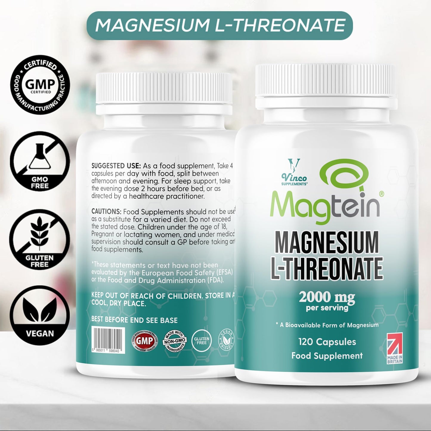 Vinco Magtein® Magnesium L-Threonate Supplement - 120 High Strength Magnesium L Threonate Capsules - 2000mg Bioavailable Form of Magnesium per Serving - Non-GMO & Gluten Free – Made in The UK