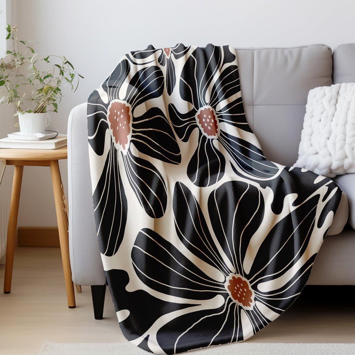 HIWX Boho Abstract Floral Blanket, Modern Abstract Boho Black Flower Throw Blanket for Home Living Room Bedroom Couch Bed Decor, 50x60 Inches