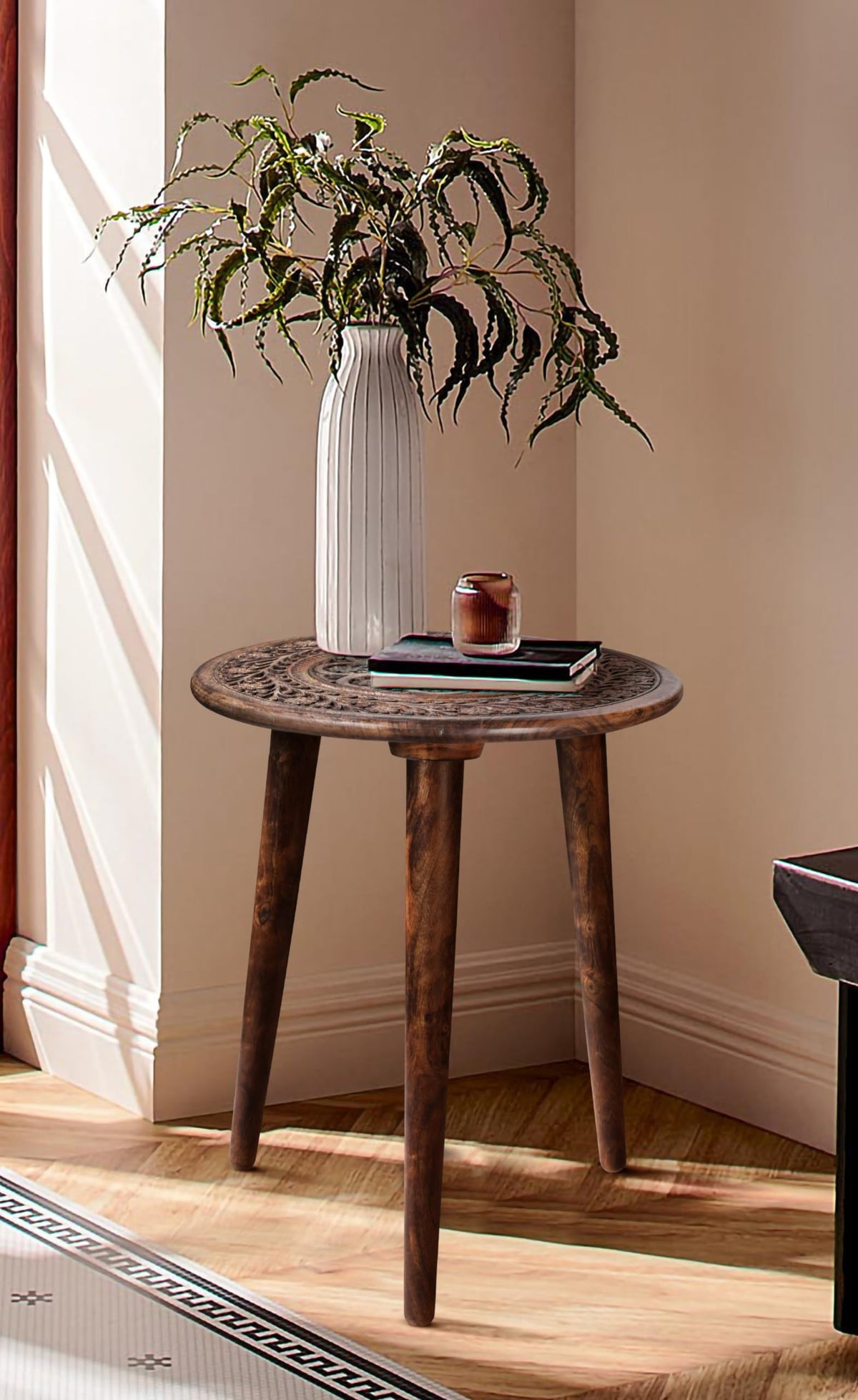 Side Tables Round with 3 Legs-Small Drink Table for Small Spaces, Modern Accent Nightstand with Hand-Carved Top & Solid Wood end Tables for Living Room, Bedroom,Office – Burnt Finish_18x22