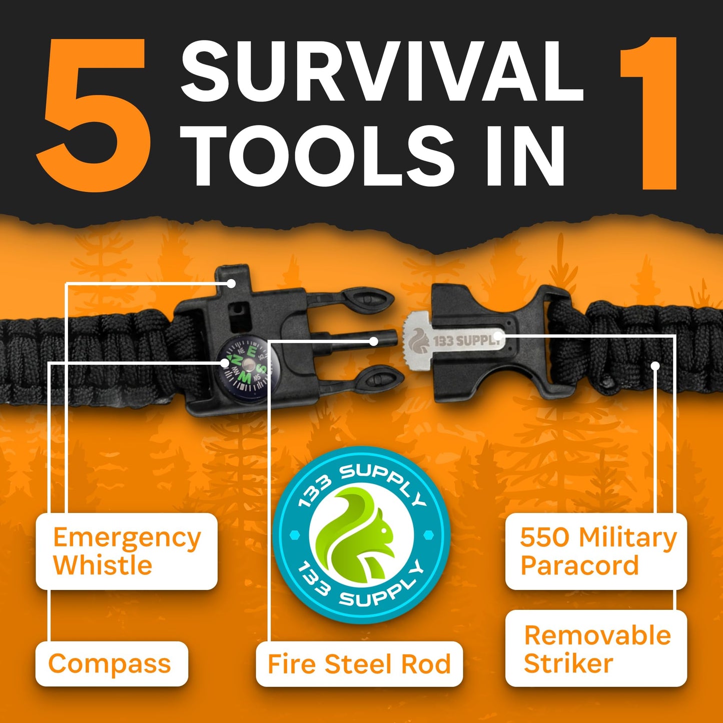 133 SUPPLY Tactical Paracord Compass Hiking Survival Bracelet Men Dad Gifts Camping Accessories Hiking Gear Women Hunting Gear Fishing Essentials Flint Steel Tool Fire Starter Kit Whistle Bear Safety