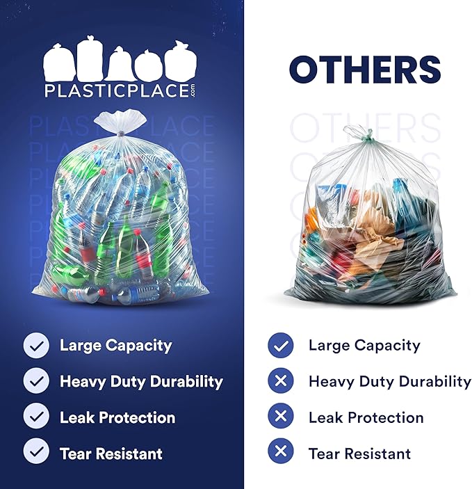 Plasticplace 55-60 gallon Trash Bags │ 1.5 Mil │ Clear Heavy Duty Garbage Can