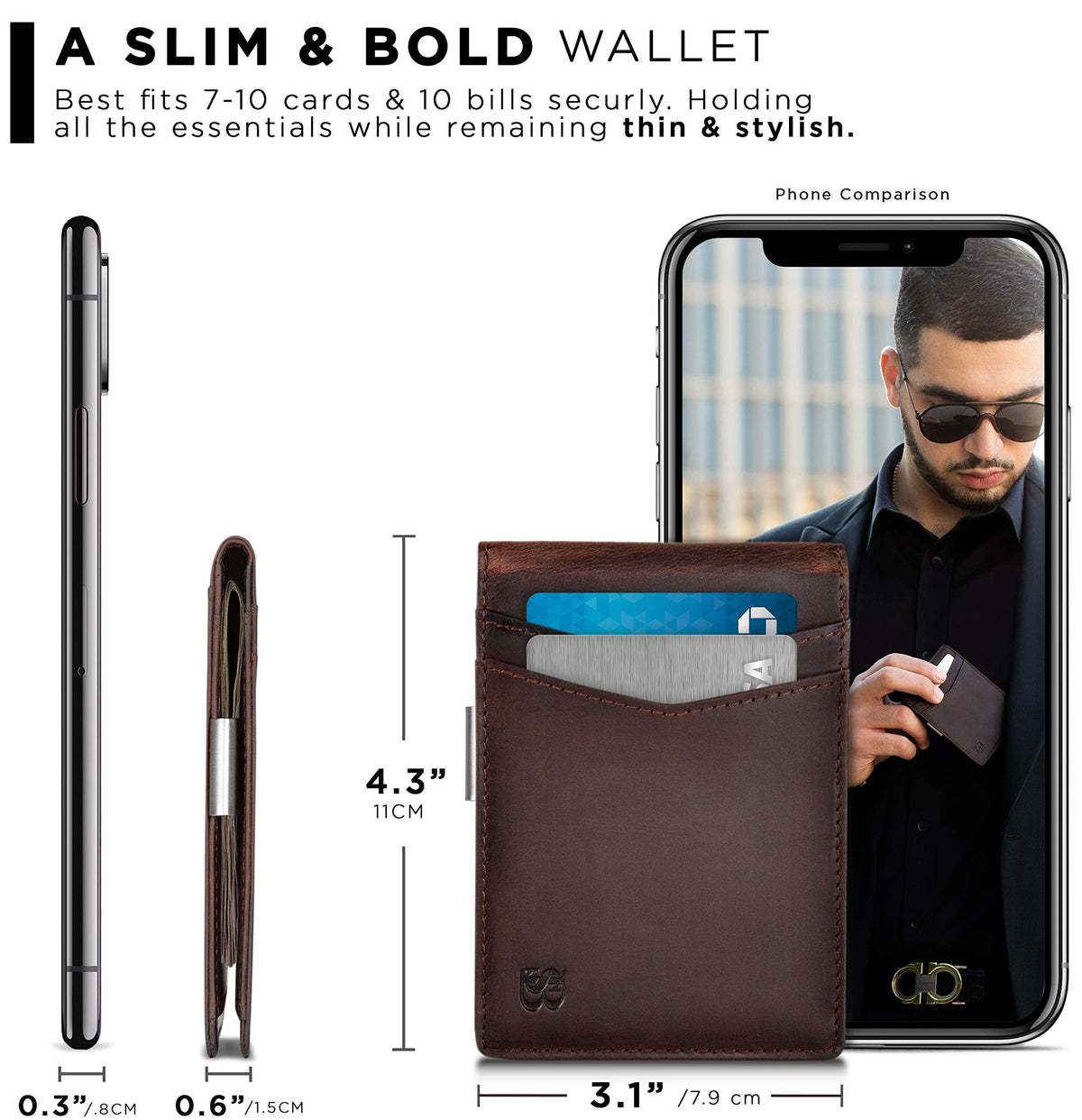 SERMAN BRANDS Money Clip Wallet - Mens Wallets slim Front Pocket RFID Blocking Card Holder Minimalist Mini Bifold (Texas Brown Transformer)