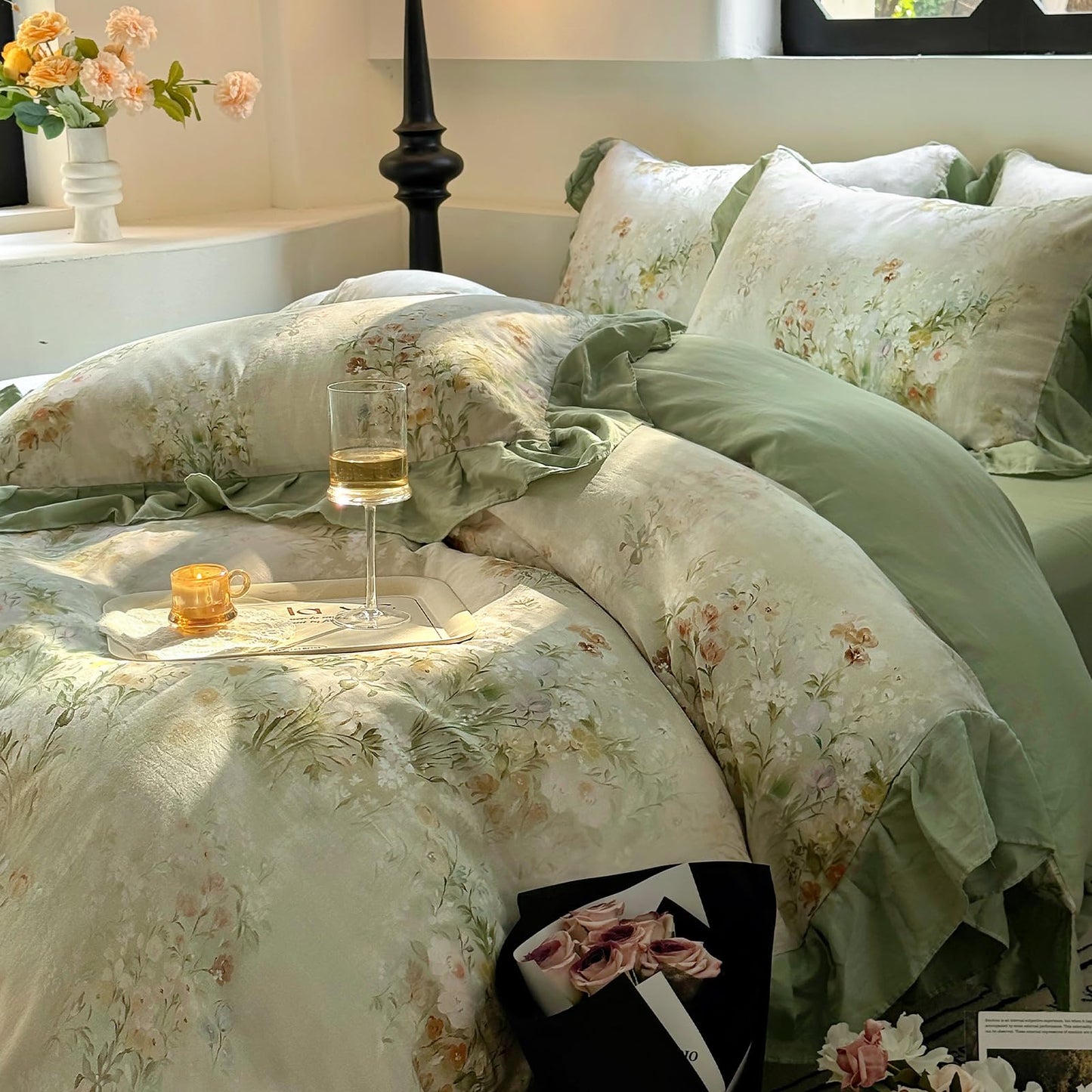 VM VOUGEMARKET Flower Duvet Cover Set, Sage Green Ruffled, Queen 90x90