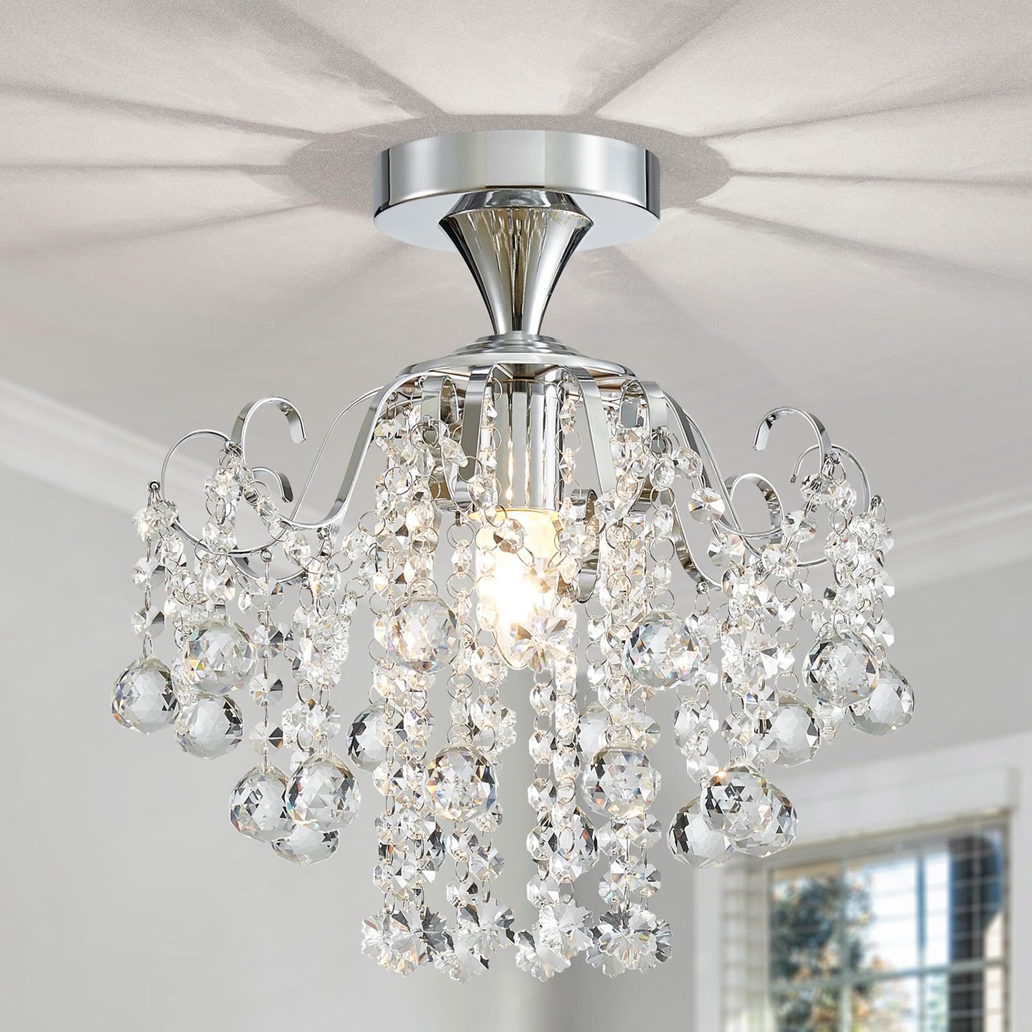 WUZUPS Crystal Chandelier Flushmount Ceiling Light Modern Lighting Fixture for Bedroom Hallway Bar Kitchen Bathroom, H 13.4" x W 12.6", E26 Base, Chrome