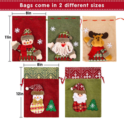 Whaline Drawstring Christmas Doll Bags 3D Xmas Gift Bags Snowman Red Treat Pouch Bag Sack Stockings Party Favor Bag 8 x 11in, 8 x 12in (5 Pack)