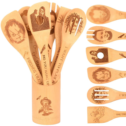 Halloween Bamboo Spoons Set of 7 - Engraved Spooky Wooden Utensils with Holder, Kitchen Decor Gift for Halloween Party Christmas