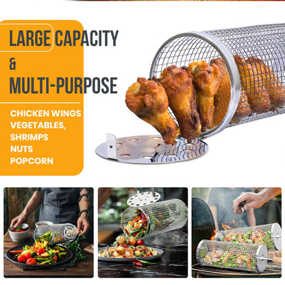Smokova Rolling Grill Basket for Veggies (2 PCS) | 304 Stainless Steel Grill Baskets for Outdoor Grill with Removable Wooden Handle | BBQ Baskets for Grilling | Vegetable Grill Basket