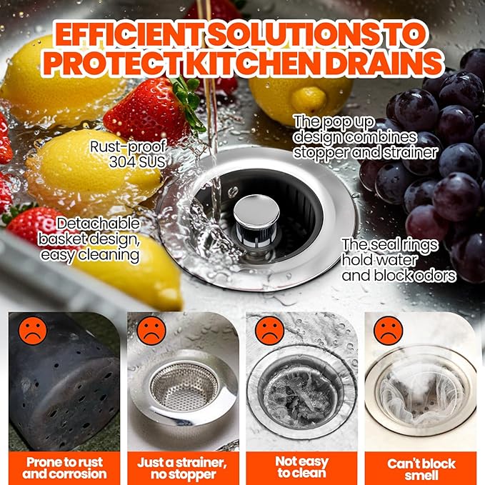 Kitchen Sink Drain Strainer & Sink Stopper, Upgraded Stainless Steel Drain Plug