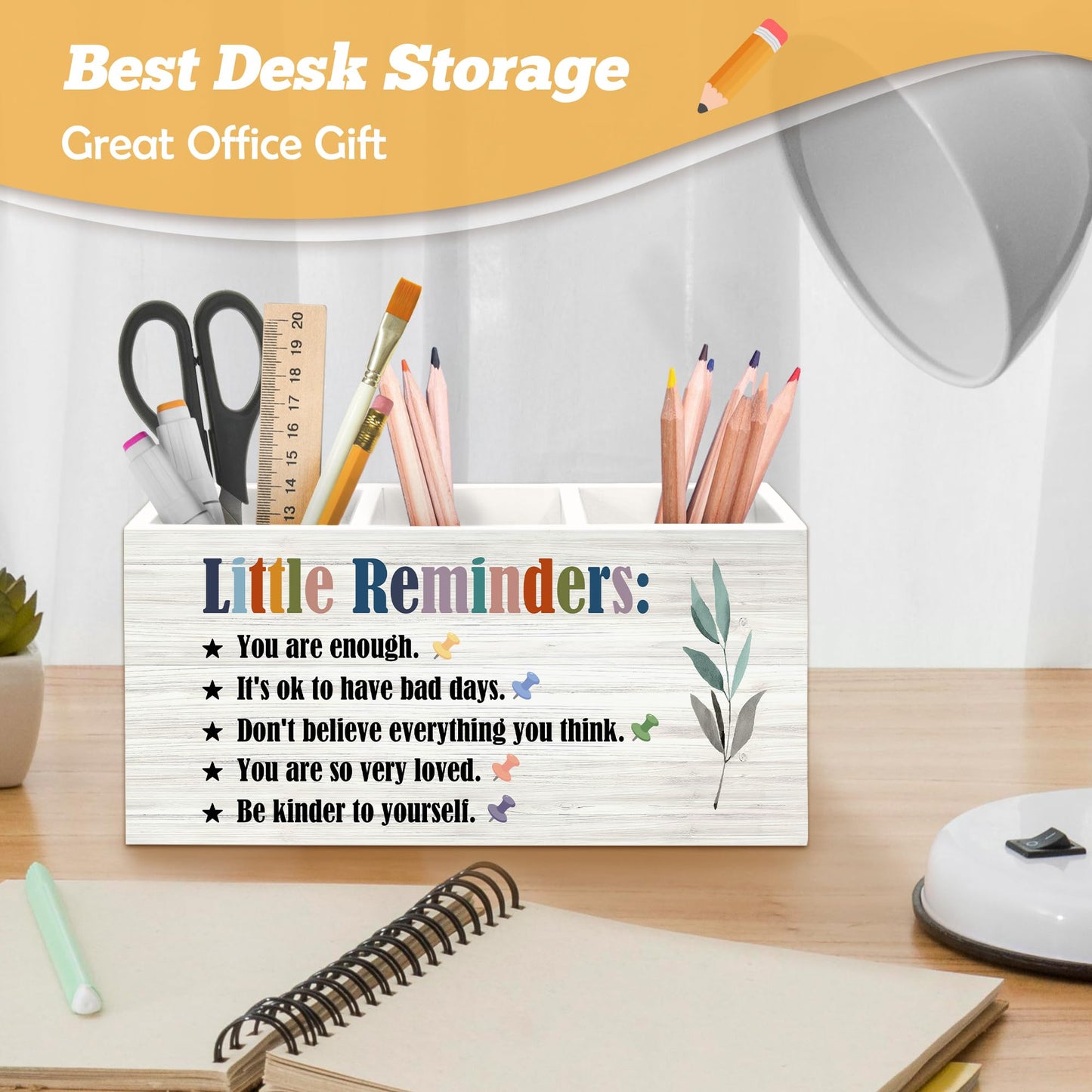 Yjeslw Little Reminders Inspirational Pen Holder Organizer for Desk Accessories, Positive Gifts, Mental Health Motivational Wooden Box Sign Desk Decorations for Home Bedroom Office Decor