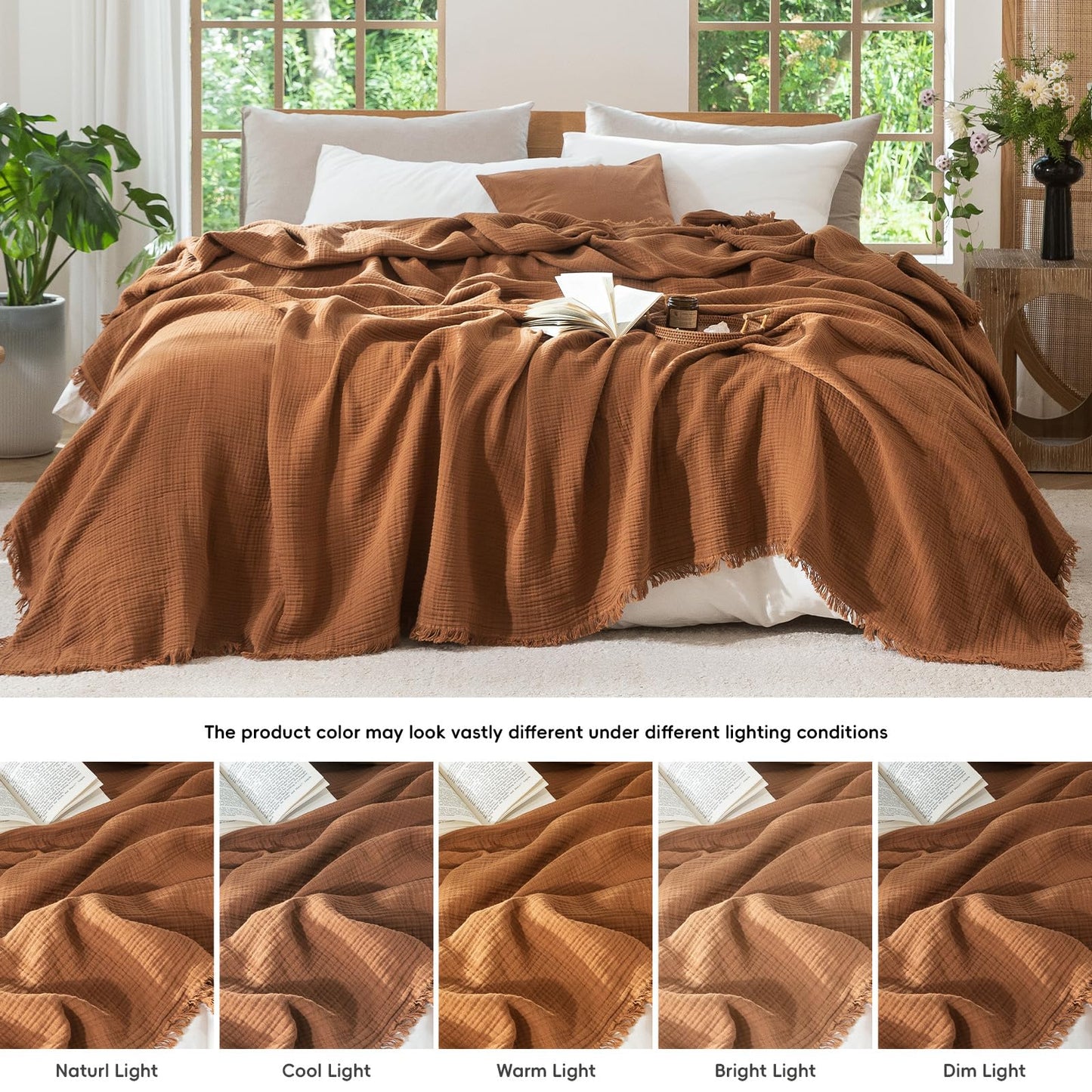 MooMee Muslin Blanket - 100% Cotton 4-Layer Gauze Throw Blanket with All-Around Fringe, Soft Breathable Lightweight Cooling Summer Blankets for Bed Couch (Drak Orange,Queen 90" x 90")