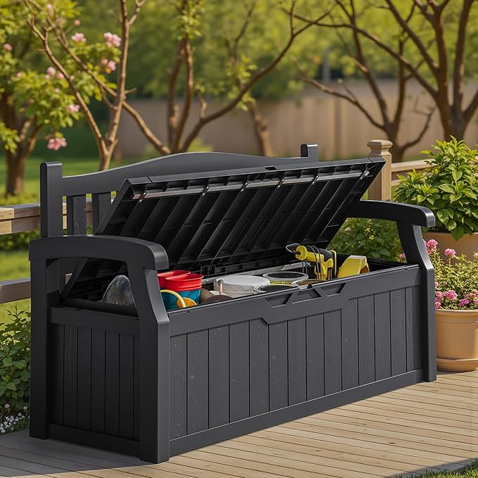 Homall 75 Gallon Outdoor Storage Benches Lockable Deck Box with Waterproof and UV Resistant, Waterproof Storage Box for Patio Furniture, Tools, Cushions (Black)
