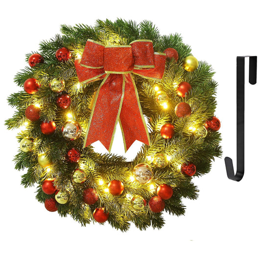Juegoal 16 Inch Pre-Lit Christmas Wreath with Metal Hanger, Large Red Bow and Colored Balls, Battery Operated with Warm White 40 LEDs Lights, Front Door Spruce Lighted Wreath X-max Decorations