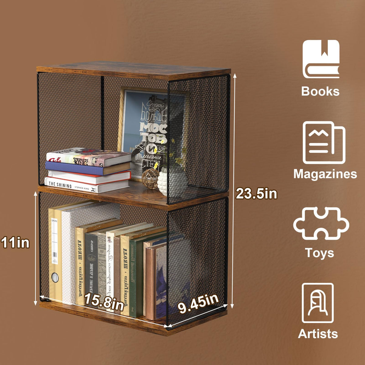 Dmevkic Small Bookshelf 2 Tiers Bookshelf for Small Spaces DIY Variable Stackable Cube Storage Organizer for Kid Bedroom,Living Room, Black Brown Wooden,2 Tiers Non-Detachable